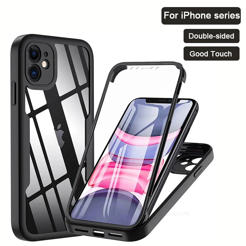 360 Degree Case For iPhone 15 14 13 12 11 Pro Max 14 Plus XS MAX XR Transparent Cover Full Body Rugged Built-in Screen Protector