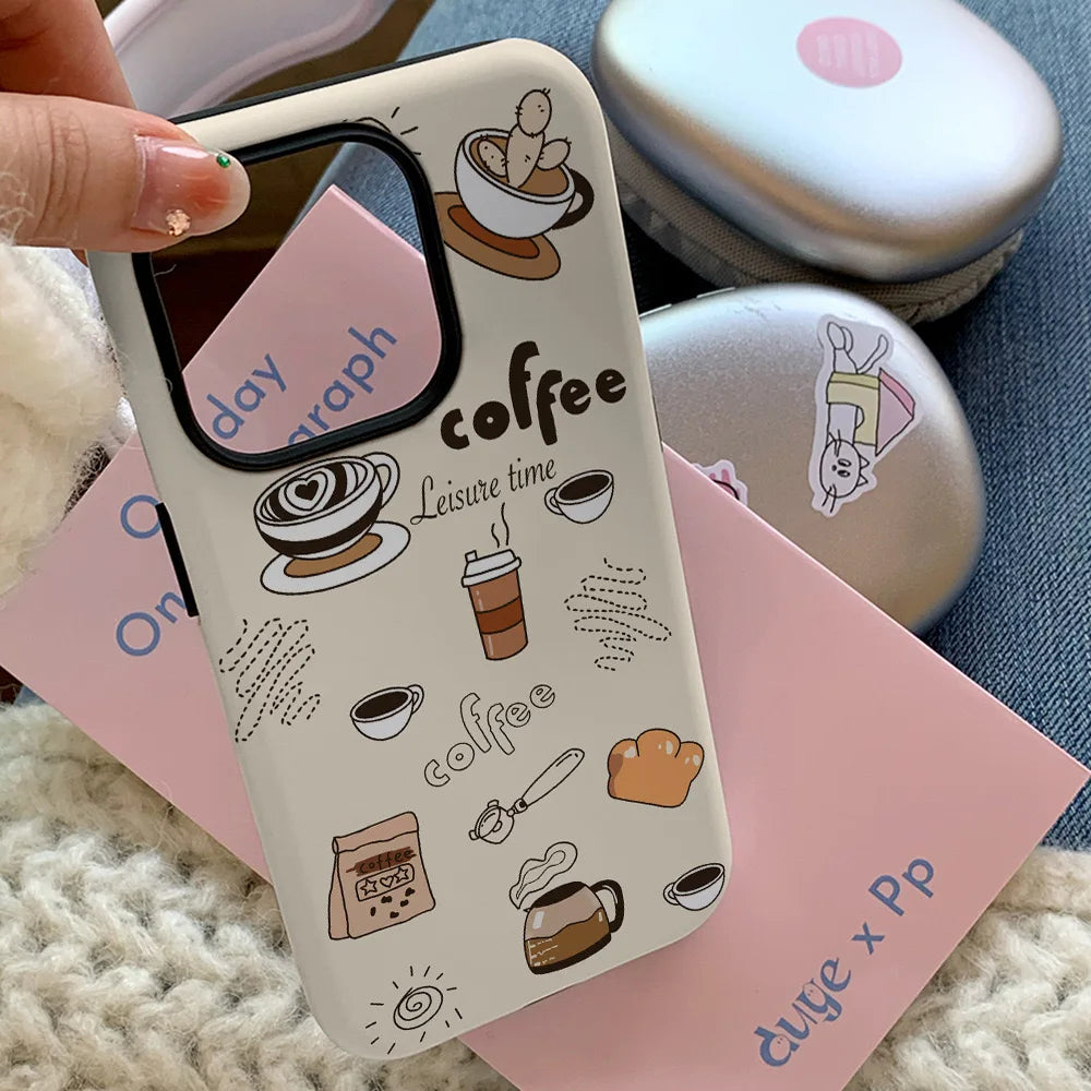 Cute of Coffee and Desserts 2-in-1 Fashion Case for IPhone 15 14 13 Pro Max Back Phone Cover for 12 11 Pro Max XR XS MAX Capa