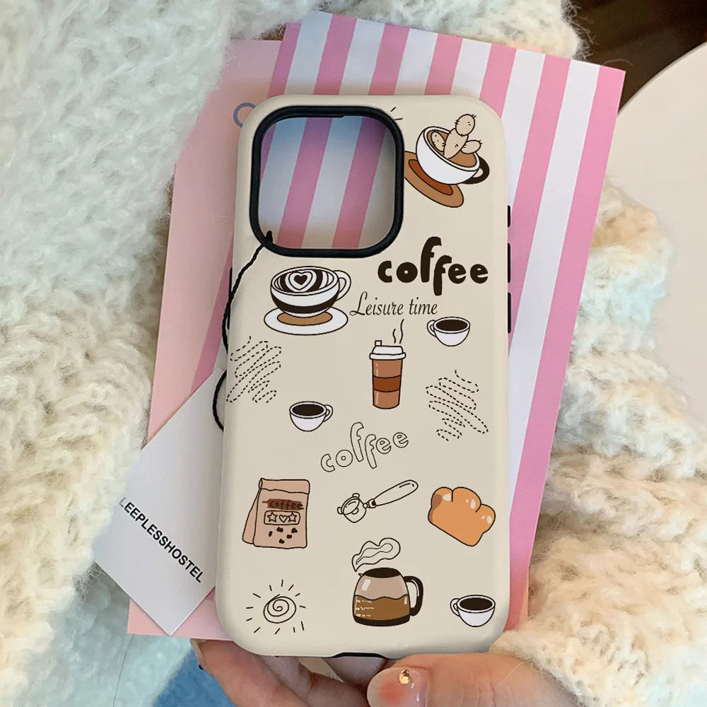 Cute of Coffee and Desserts 2-in-1 Fashion Case for IPhone 15 14 13 Pro Max Back Phone Cover for 12 11 Pro Max XR XS MAX Capa