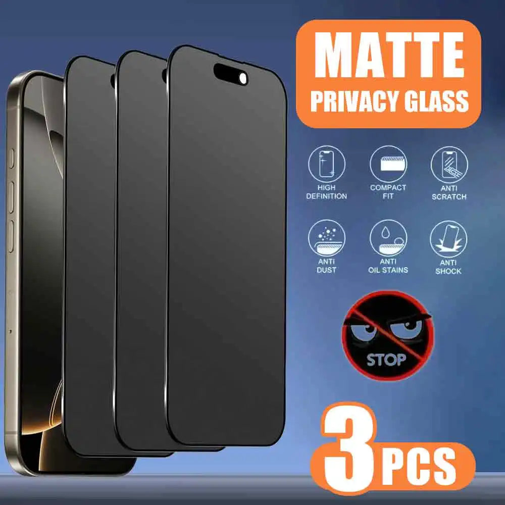3pcs Full Cover Matte Privacy Screen Protector For iPhone 16 Pro Max 15 14 13 12 11 16e Plus Mini X XR XS Max Anti-Peeping Glass