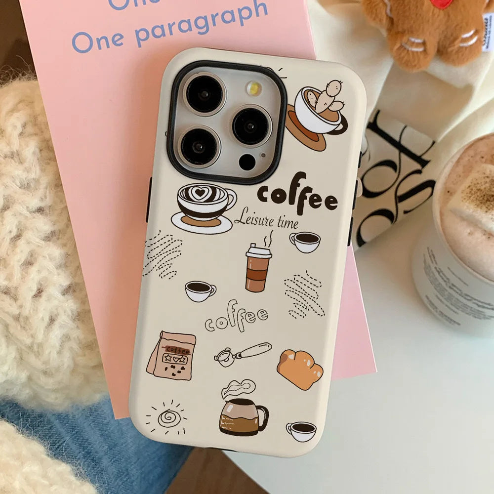 Cute of Coffee and Desserts 2-in-1 Fashion Case for IPhone 15 14 13 Pro Max Back Phone Cover for 12 11 Pro Max XR XS MAX Capa
