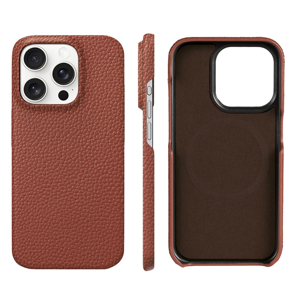 for Magsafe Case for iPhone 17 15 16 Pro Max Air 17Pro Natural Cowhide Lychee Leather Magnetic Protector Luxury Phone Back Cover